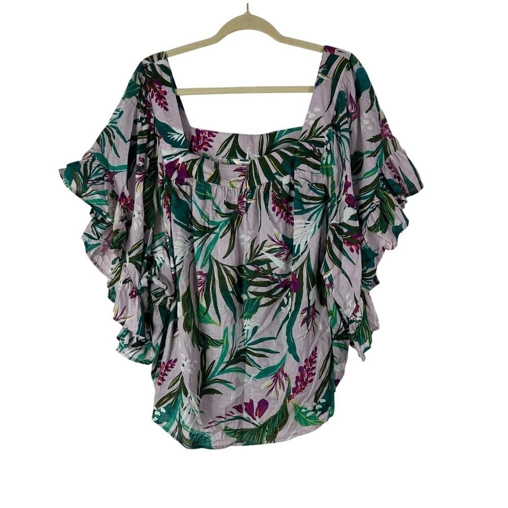 Terra & Sky Tropical Ruffle Shirt‎ Womens Size 3X Purple Green Batwing Top